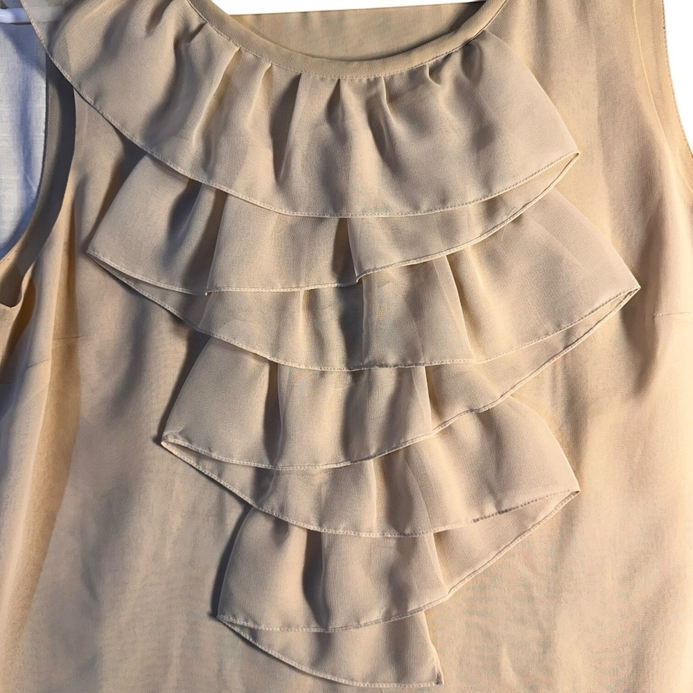 CAbi Cascading Beige Ruffle La Femme Blouse Small‎ Fairy Sleeveless Shirt